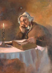 Muotokuva vanhasta naisesta, joka lukee Raamattua kynttilänvalossa, 1896