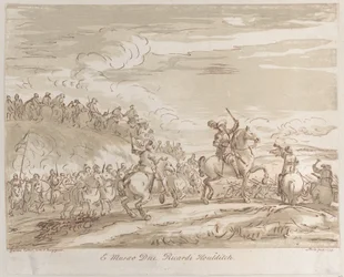 Ratsuväki etenee hyökkäykseen, jossa keskeinen hahmo hevosen selässä nostamassa miekkaa, 1735, 1735.