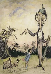 Jättiläinen, lapsi ja kaksi varista, kuvitus Maggie Brownin teoksesta The Book of Betty Barber, julkaistu 1910 (Harry Rountreen myöhemmin värittämä, 1878-1950)