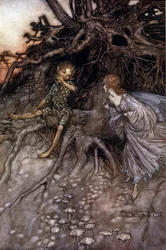 näytös II, kohtaus I kiekko ja keiju; Puck myöntää olevansa "se yön iloinen vaeltaja". Arthur RACKHAMin (1867-1939) kuvitus William SHAKESPEAREN kesäyön unelmaan