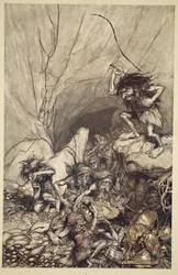 Albrecht ajaa kokoon joukon Nibelungeja kulta- ja hopea-aarteineen, teoksesta 