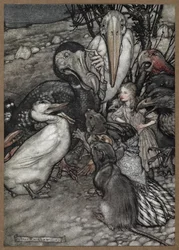 Alice ja eläimet Caucus Race -kilpailun jälkeen, mukaan lukien dodo, ankka, rotta, varis ja papukaija.