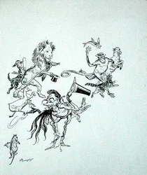 "Linnut, pedot ja kalat kiiruhtivat ohi hämmentävän suuren massan", kuvitus teoksesta "The Zankiwank and the Bletherwitch", kirjoittanut S.J. Adair Fitzgerald, julkaistu 1896 (kynä ja muste paperille)