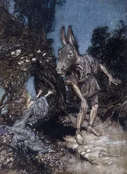 Bottom, aasipäinen mies, ja Titania, keijukaisten kuningatar. Arthur Rackhamin (1867-1939) kuvitus William Shakespearen teokseen "Kesäyön unelma"