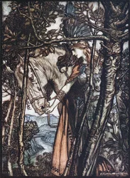 Brünnhilde ohjaa hevosta suitsista. Kuvitus Richan teoksiin The Rhinegold ja The Valkyrie