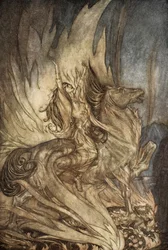 Brunnhilde on Grane hyppää Siegfriedin hautajaispyrstölle, kuva elokuvasta "Siegfried and the Twilight of the Gods"