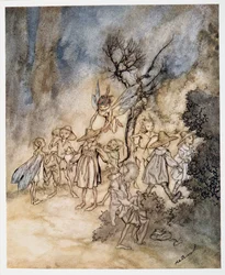 Sisään astuvat tietyt viikatemiehet, asianmukaisesti pukeutuneina, kuvitus William Shakespearesin Myrsky, pub. 1926