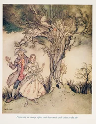 Näkee usein outoja näkyjä ja kuulee musiikkia ja ääniä ilmassa .. teoksesta The Legend of Sleepy Hollow, kirjoittanut Washngton Irving (1783 - 1859), kustantamo. 1928