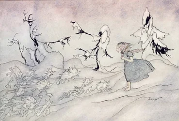 Gerda on kauhuissaan Lumikuningattaren etuvartiostosta, mutta hän sanoi Isämme, ja pienet kirkkaat enkelit pelastivat hänet, kuvitus Hans Christian Andersenin Lumikuningattaresta, julkaistu 1932 (wc & i