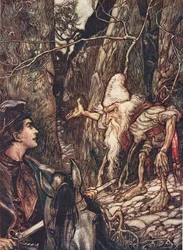 Hyvä kääpiö, etkö voi kertoa minulle, missä veljeni ovat? teoksesta Grimmin veljesten sadut, pub. 1909