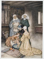 Eikö minulla ollut kerran neljä tai viisi naista, jotka hoitivat minua? kuvitus William Shakespearesin Myrsky, pub. 1926