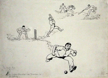 "Hän leikkasi, hän piirsi, hän koukkui", kuvitus "More Tales of the Stumps" -julkaisusta, Horace Bleackley, julkaistu 1902 (kynä ja muste paperille)