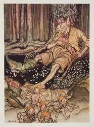 Hop-o-my-peukalo meni Ogreen pehmeästi ja veti jaloistaan seitsemän liigan saappaat The Arthur Rackham Fairy Book -pubista. 1933