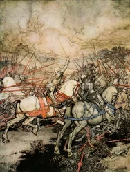 Kuinka Arthur veti miekkansa, Excalibur, ensimmäistä kertaa, esimerkki Alfred W. Pollardin teoksesta "Kuningas Arthurin ja hänen pyöreän pöydän ritariensa romanssi", 1910