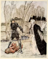 Kuinka Beaumains voitti punaisen ritarin ja tyttö puhui aina hänelle monia rumia sanoja, esimerkki Alfred W. Pollardin teoksesta "Kuningas Arthurin ja hänen pyöreän pöydän ritariensa romanssi", 1910