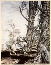 Kuinka Sir Launcelot tappoi ritari Sir Peris de Forest Savagen, joka aiheutti naisten, damoselien ja herrasnaisten ahdistusta, esimerkki A:n "Kuningas Arthurin ja hänen pyöreän pöydän ritariensa romanssista"