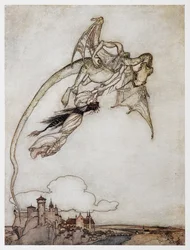 Ilustração de um dragão carregando a princesa de The Four Clever Brothers.finnish