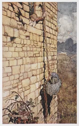 Ilustração da bruxa subindo no cabelo de Rapunzel. finnish
