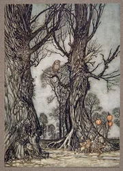 Edessä juoksevat linkkiläiset kantaen talvikirsikoita, Peter Panin Kensington Gardensista kirjoittanut J M Barrie (1860 - 1937), pubi. 1906