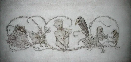 Peter Pan, kuvitus teoksesta "Peter Pan in Kensington Gardens, London", julkaistu 1906 (kynä ja muste ja akvarelli paperille)