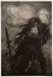 Rip herää. Vaikka hän, en ole varmasti nukkunut täällä koko yötä? Tuo lippu! Tuo ilkeä lippa! Minkä tekosyyn voin esittää Dame Van Winklelle? Kirjailija: Rip Van Winkle Washington Irving, pub. 1910