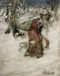Joulupukki, kuvitus Arthur Rackhams Book of Picturesista, 1907, julkaistu 1913 (kynä, muste ja wc paperilla)