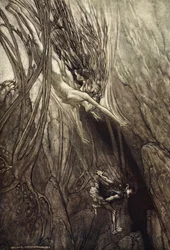 Tartu despoileriin! Pelasta kulta! Auta meitä! Auta meitä! Voi! Voi!, kuvitus teoksesta The Rhinegold and the Valkyrie, 1910