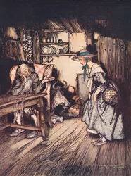 Hän pyysi melko kauniisti saada viettää yön siellä. Arthur Rackhamin kuvitus 1800-luvun lopulla julkaistusta Grimmin sadusta The Hut in the Forest.