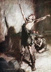 Siegfried takoo miekkansa. Kuvitus Richard Wagin Siegfriedille ja The Twilight of the Gods