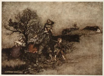 Ympäröimässä joukko lapsia., Rip Van Winkle, Washington Irving, pubi. 1910