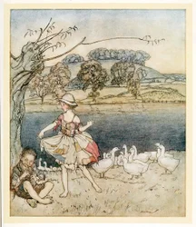 Tattercoats tanssii hanhipaimenen piippujen aikana, pubista English Fairy Tales. 1922.