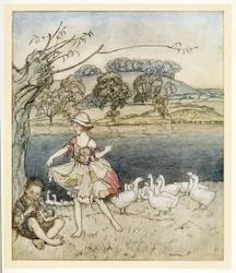 Tatterakit tanssivat goosherd-piippujen aikana, pubista English Fairy Tales. 1922