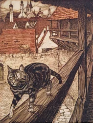 Kissa karkasi kaupungin muurien taakse kirkkoon .., Grimmin veljesten saduista, pub. 1909