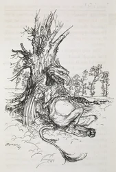 Gryphon istuu puuta vasten