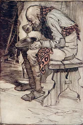 Vanhus joutui istumaan yksin ja syömään ruokansa puukulhosta ...Grimmin veljesten saduista, pub. 1909