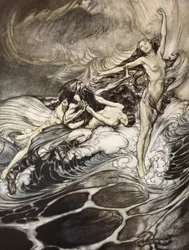 Rheinneidot saavat sormuksen haltuunsa ja kantavat sen voitokkaana, esimerkki teoksesta "Siegfried and the Twilight of the Gods"