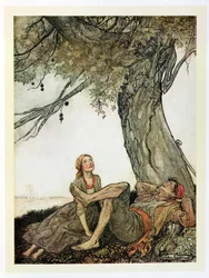 Matkailijat ja plataani, kuvitus teoksesta Aesop