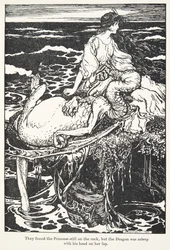 He löysivät prinsessan yhä kalliolta, mutta lohikäärme nukkui pää sylissään, , Grimmin veljesten saduista, kustantamo. 1909