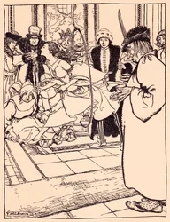 Kaunis neito hyppäsi vanteen läpi kevyesti kuin peura. Arthur Rackhamin kuvitus Grimmin sadusta, Kolme sulkaa.