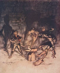 Nuorukainen otti kirveen ja halkaisi alttarin yhdellä iskulla, tarttuen samalla Vanhuksen partaan, Grimmin veljesten saduista, pub. 1909