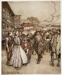 He tungosivat hänen ympärillään ja katselivat minua päästä jalkaan suurella uteliaisuudella. Rip Van Winkle, Washington Irving, pubi. 1910