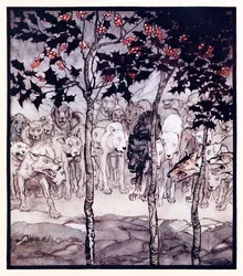 He seisoivat ulkona, täynnä raakuutta ja kauhua. alkaen The Enchanted Cave of Cesh Corran in Irish Fairy Tales (Irlantilaiset sadut)