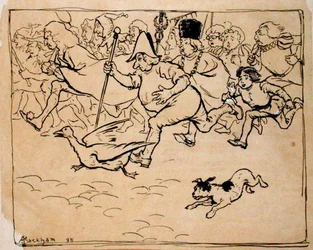Till "Battlefield" Swarms like a Fair, kuvitus Thomas Ingoldsby Esquiren teoksesta "The Ingoldsby Legends, or Mirth and Marvels", julkaistu 1898 (kynä ja muste paperille)