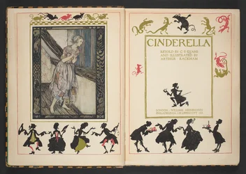Cinderellan nimilehti ja etukappale, uudelleen kertonut C.S. Evans ja kuvittanut Arthur Rackham