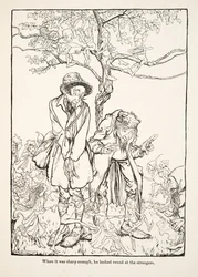 Kun se oli tarpeeksi terävä, hän katsoi ympärilleen vieraita, julkaisusta Pikkuveli & Pikkusisar ja Muita Grimmin veljesten tarinoita, pub.1917 (litho)