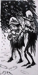 "Yule Logs, Snapdragon, Wassail, Waits and Holly", kuvitus "Old Friend Christmas", kirjoittanut C.V. Godby (kynä ja muste yksivärisellä vesivärillä ja vartalovärillä paperilla)