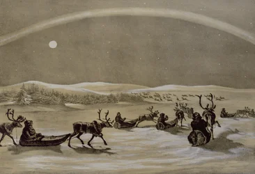 Ainutlaatuinen revontulien ilme Jerdis Javrin ylittäneen lapin porolauman yläpuolella, Winter Sketches in Lapissa, kaiverrus James Duffield Harding (1798-1863) 1825 (kaiverrus)