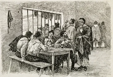 Argentiina (20. vuosisata). "Pulperia", kapakka ja viinakauppa. Kuvitus T.Tamarera. Kaiverrus