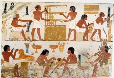Käsityöläiset työssään. Faksimilejäljennös, joka on otettu Thebasta, Amenofis III:n (18. dynastia) ajalta peräisin olevan asiakirjan mukaan.