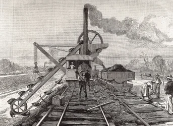 Panaman kanavan rakentaminen. Ruoppaustyöt Culebran kylässä. Meltor Priorin alkuperäinen piirustus. Kuva julkaistu The Illustrated London News -lehdessä. Kaiverrus.